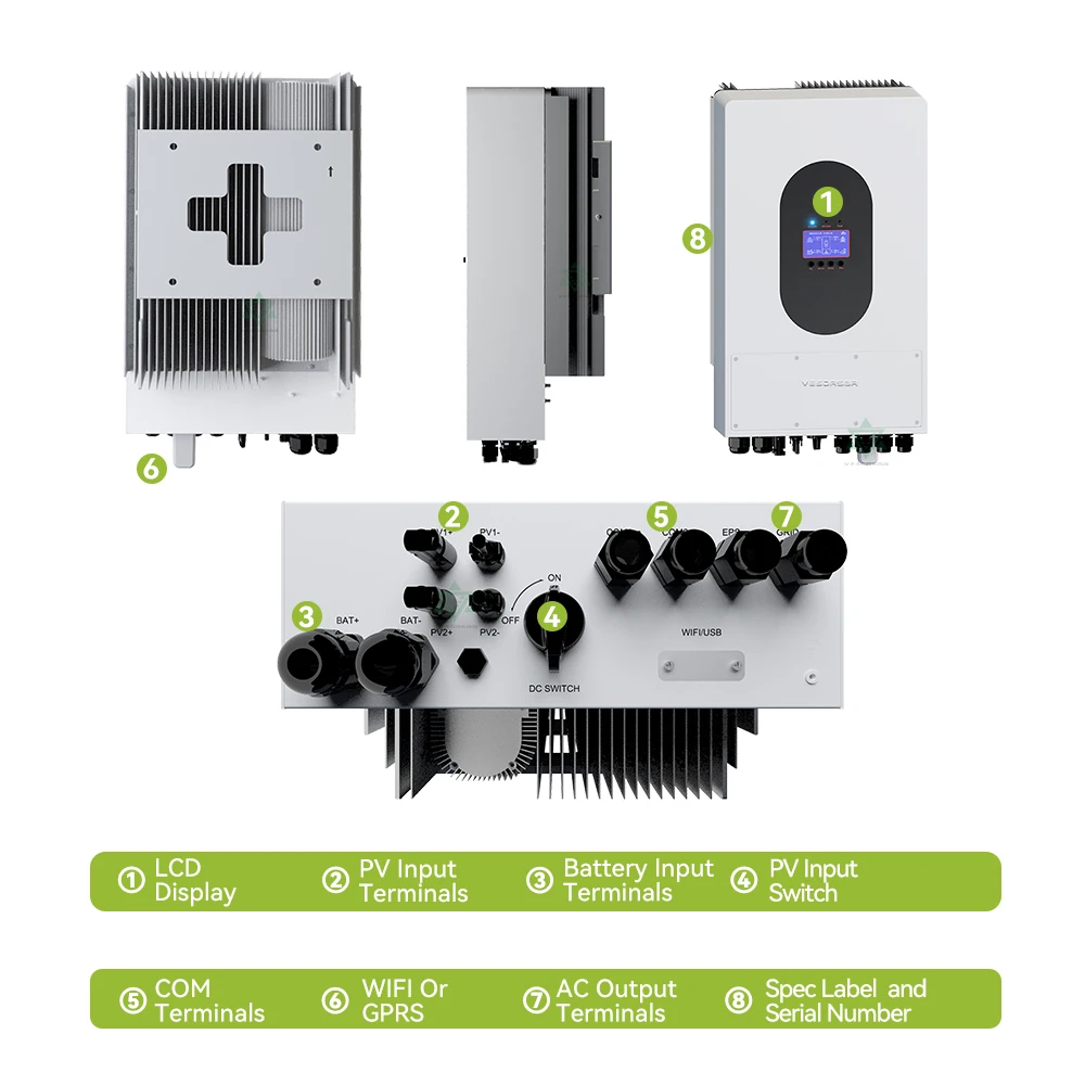 Vesdas 5000W On Grid & Off Grid Hybrid Solar Inverter Converter MPPT IP65, 220/230/240VAC Pure Sine Wave,Batteries 41.6-58.5V