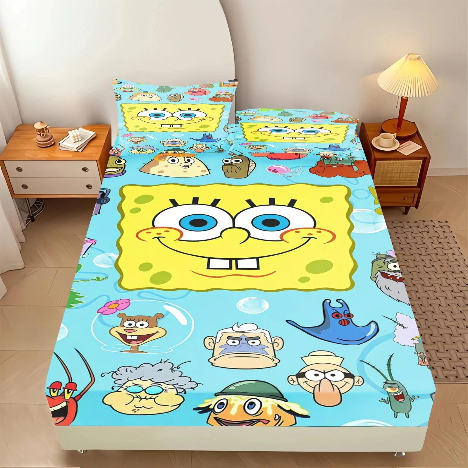 

Cartoon SpongeBob SquarePants Printed Sheet Set Soft Comfortable Breathable Bedding Bedroom Stylish Bedspread with Pillowcase