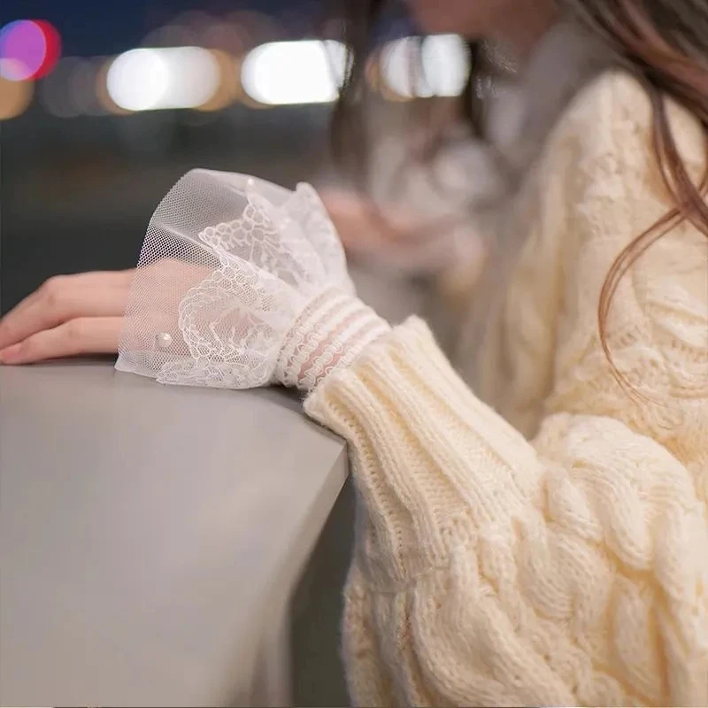 

Съемные жемчужные кружевные сетчатые накладные манжеты для женщин, двойные плиссированные драпированные рукава-фонарики, грелки для рук под свитер или блузку