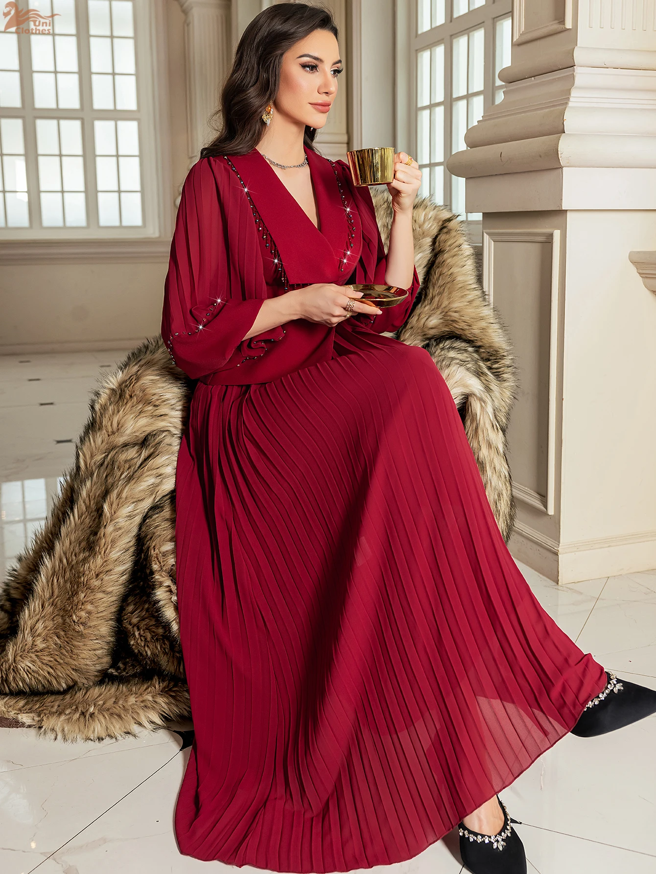 

Uni 2025 New Women Arab Muslim Handmade Bead Pleated Robe V-Neck Girdling Temperament Dress Ceremonial Dress
