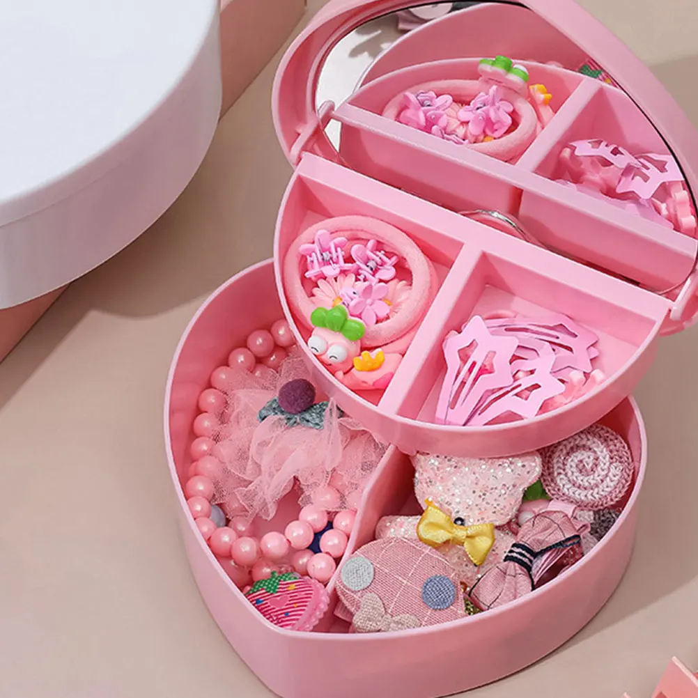 

2 Pcs Heart Shaped Jewelry Boxes Kids Women Necklace Earring Organizer Home Travel Safe Plastic Built Mirror Storage