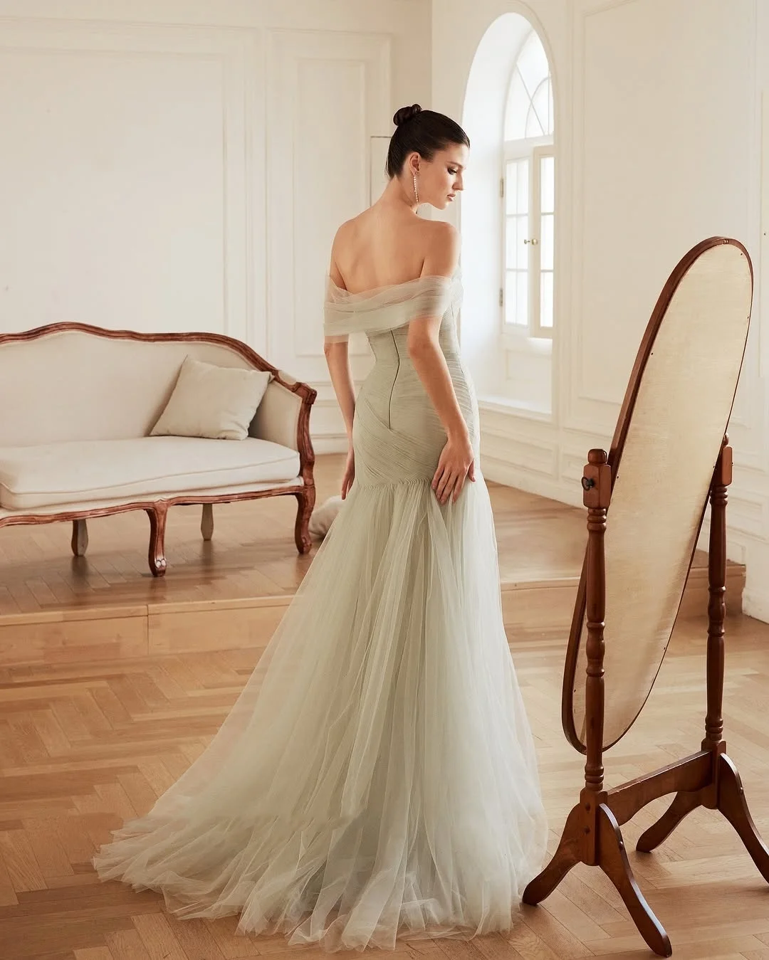 MD Exquisite Bean Paste Green Mermaid Wedding Dress Tulle Pleat Off Shoulder Floor-Length Vestidos Customized 2025 Evening Gown