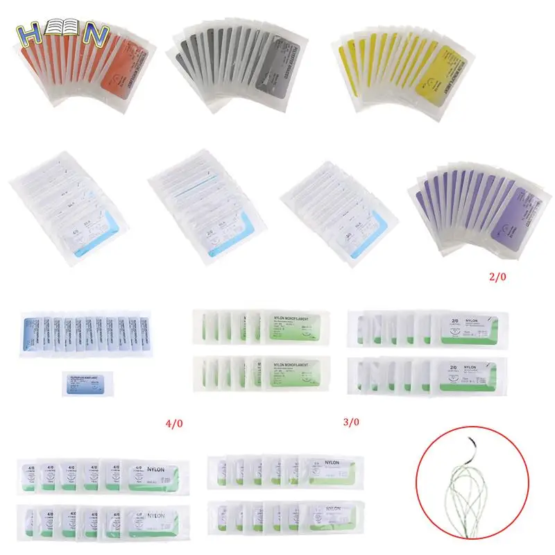 Hot 12Pcs 75cm Medical Needle Suture Nylon Polyester Thread Suture Practice Kit Teaching Demonstrations Exercises 2/0 3/0 4/0