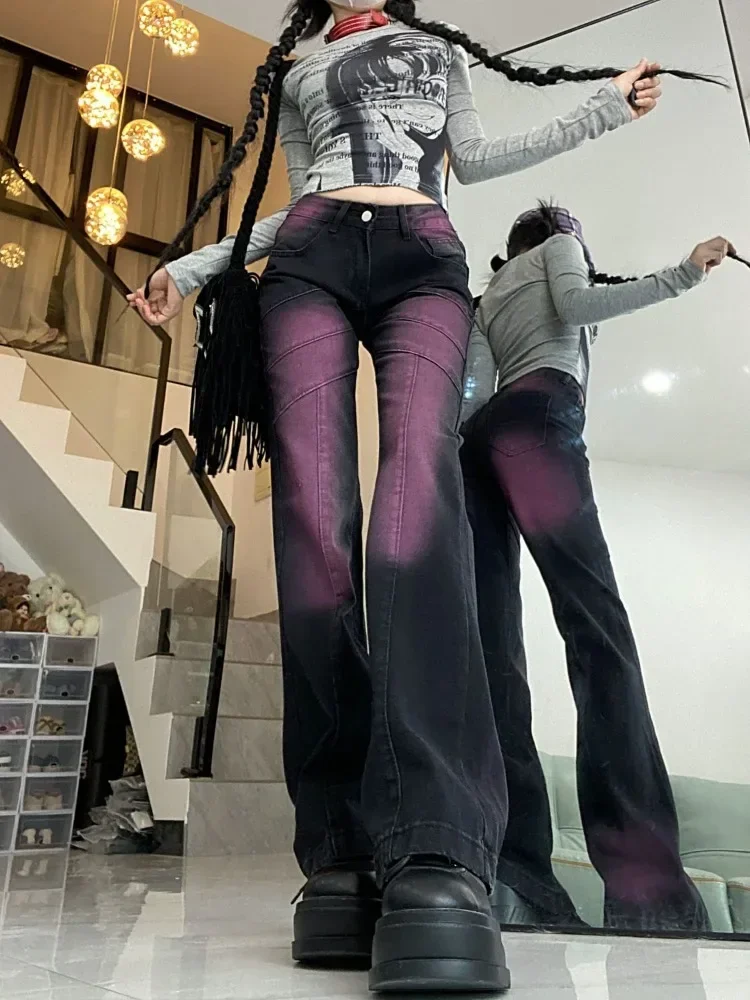 Pantalon en Denim noir violet Style américain Y2k e-girl, Vintage, taille haute, évasé, teinture par nouage, droit, nouvelle collection automne