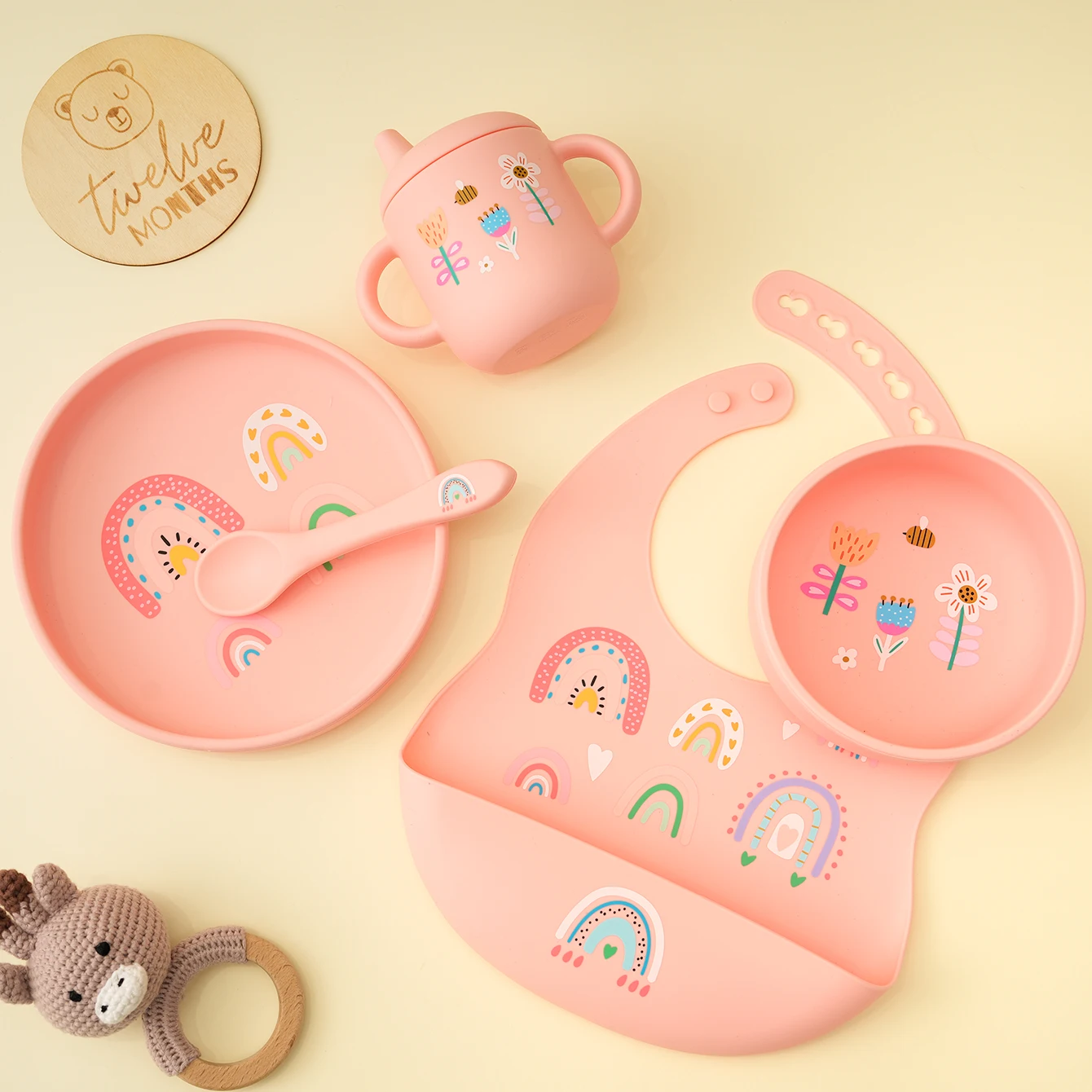 5PCS Silikon Baby Fütterung Set Cartoon-Muster Gerichte Platte Wasserdichte Lätzchen Lernen Tasse BPA FREI Schüssel Löffel kinder geschirr