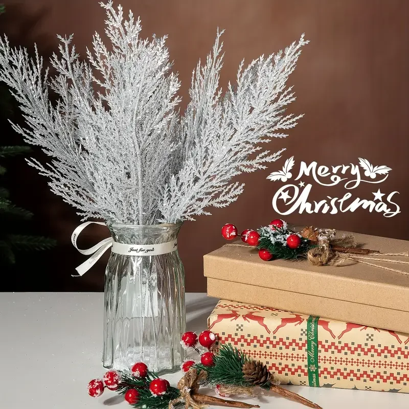 6/18PCS Christmas Decorative Flowers 10.6 Inch Glitter False Artificial Pine Branches  DIY Christmas Wreath Home Decoration