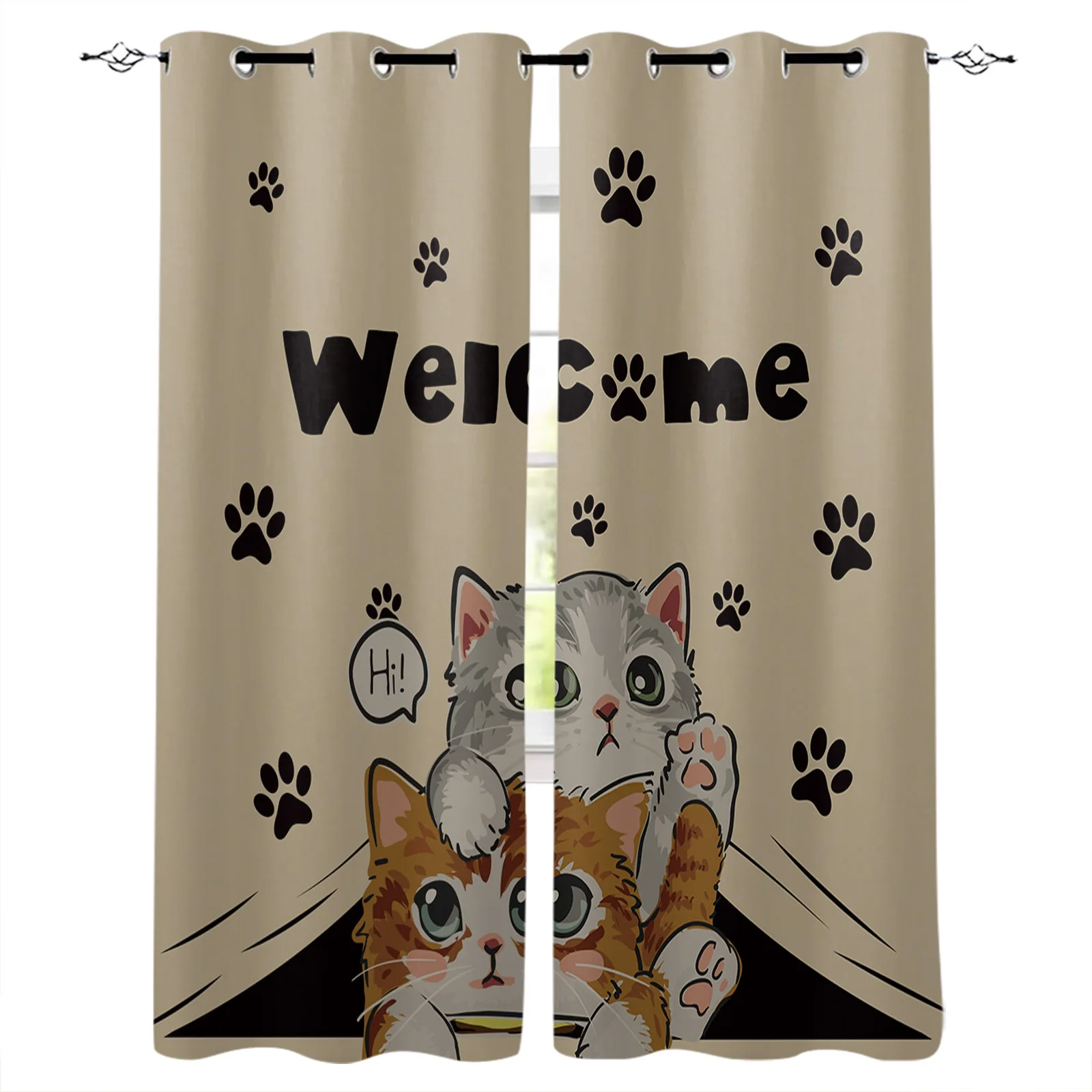 Cat Paw Retro Cute Welcome Curtains for Living Room Window Panels Bedroom Kitchen Drapes Home Decor Window Curtain