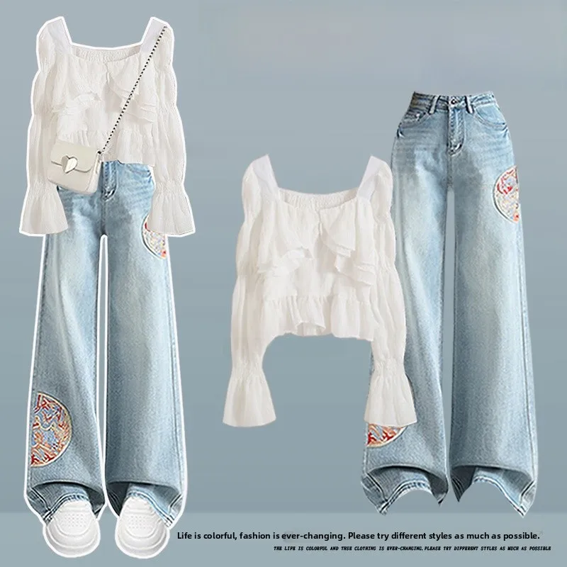 

Весенний женский модный комплект больших размеров: топ с рукавами-фонариками и джинсы с высокой талией, костюм-двойка с V-образным вырезом и длинными рукавами для повседневной носки