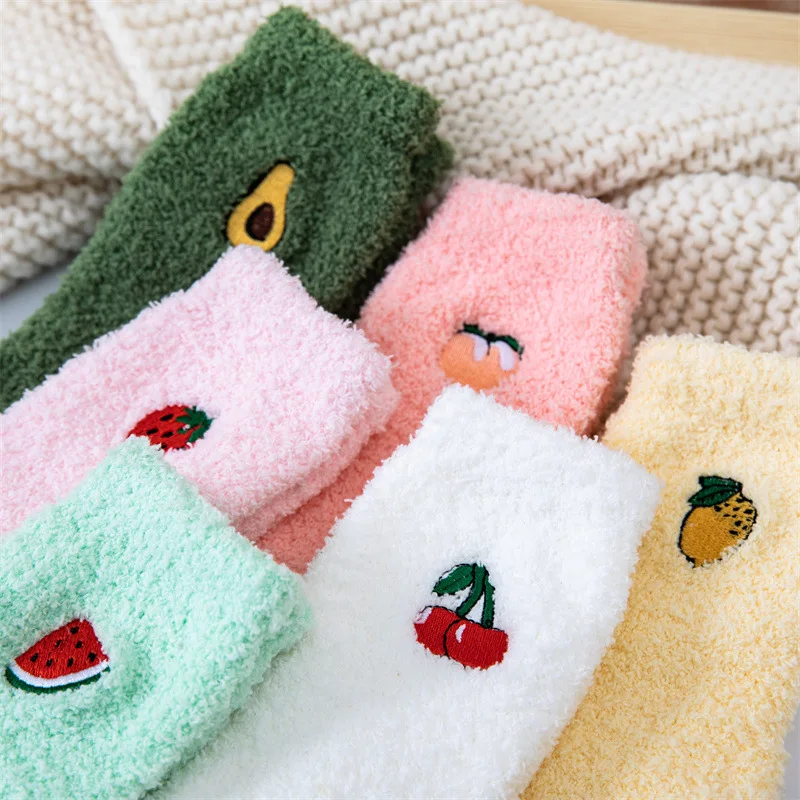 Kawaii Women's Fruit Socks Fluffy Warm plush Socks Female Fashion Warm Avocado Watermelon Cherry Strawberry Floor Sleeping Socks