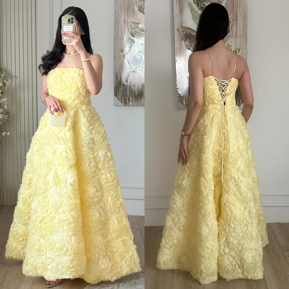 

Customized Intricate Exquisite Handmade Flower Pleat A-line Strapless Long Dresses Bespoke Occasion Dresses High Quality Elegant