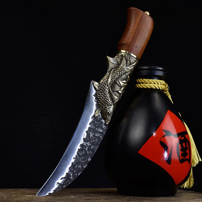 

5.3 Inch Grapefruit Knife Sharp Cleaver Utility Paring Boning Barbecue Longquan Kitchen Knives Copper Fish Decor Wood Handle