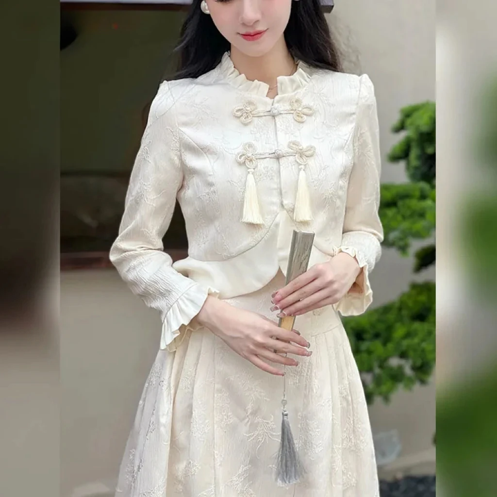 

2023 Spring Summer New Chinese Style Women Improved Hanfu Lady Elegant Long Sleeved Button Top High Waisted Skirt Cheongsam Set