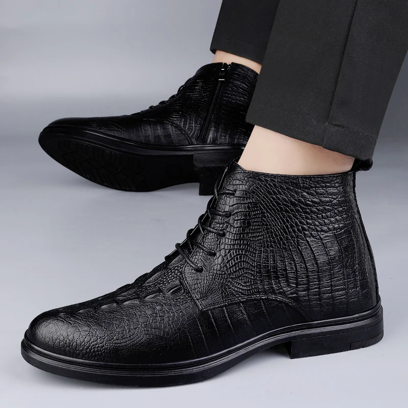 

Business High-end Mens Chelsea Boots Genuine Leather Men Ankle Boots Crocodile Pattern Leather Boots Comfort Zipper Lightweight