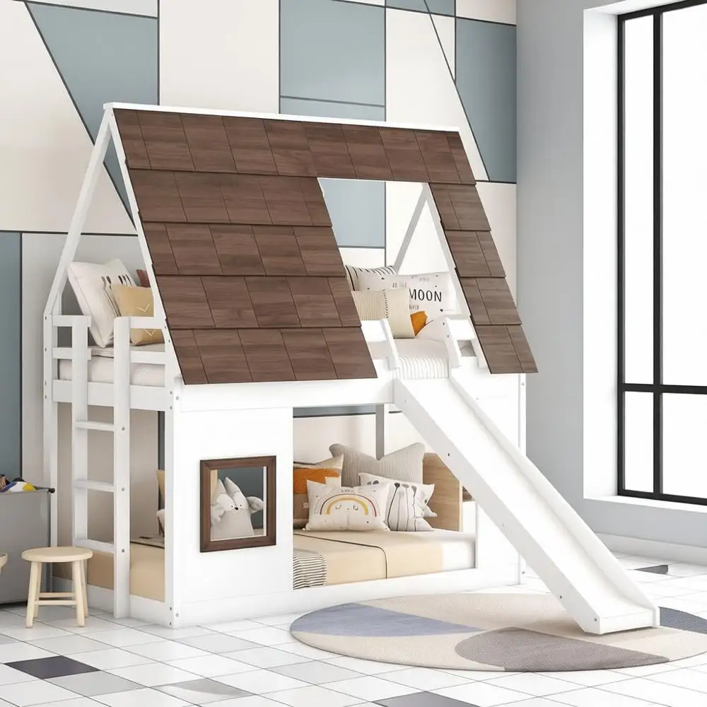 

Двухъярусная кровать Twin over Twin с крышей, окном, лестницей и горкой - унисекс, белый и коричневый цвета