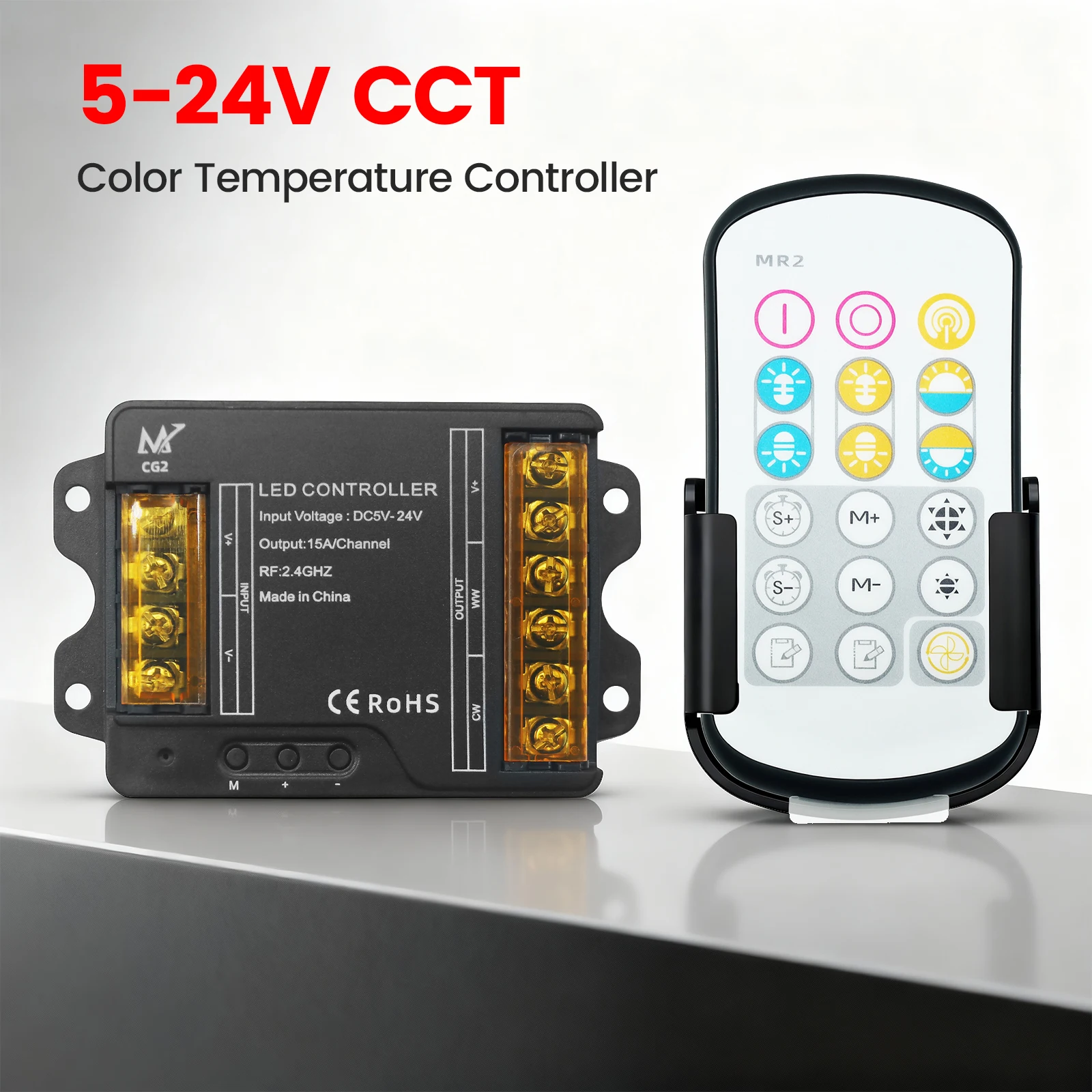 

DC 5-24V Dimmer Controller for CCT LED Strip 15A/CH 18Keys RF Dimmer Stepless Dimming