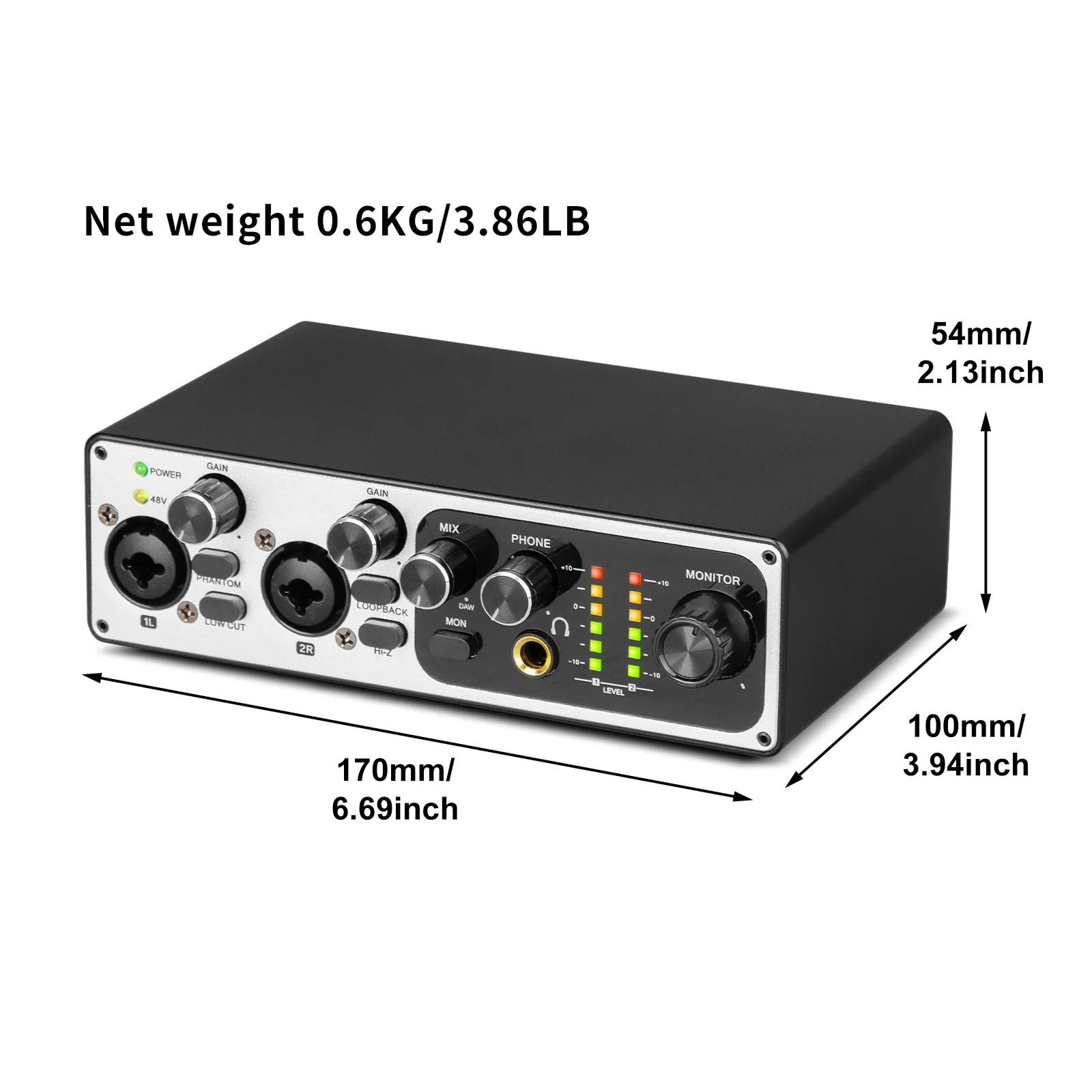 MB22 Aluminum Alloy USB Sound Card Professional 2 Channel Sound Card 24Bit 192Hkz Audio Interface For Live Recording