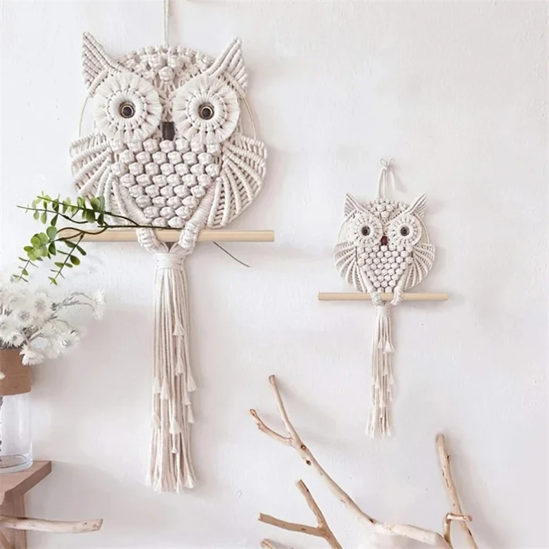 Owl Tapestry Hand-woven Owl Dream Catcher Wall Hanging Macrame Tassel Boho Decor DIY Apartment Dorm Room Home Decoration