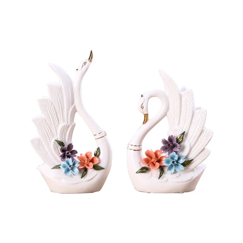 A Pair White Swan Lovers Home Decor Ceramic Crafts Porcelain Animal Figurines Wedding Decoration Lovers Gift W5065