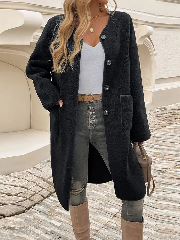 

Women's Lamb Wool Jacket Long Warm Cozy Single Breasted Solid Color Coat With Pockets Autumn Winter