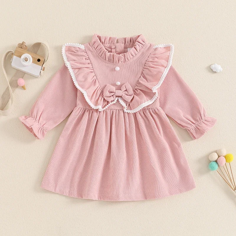 Little Girl Autumn Sweet Corduroy Dress Mock Neck Ruffled Long Sleeve Bow Decor A-Line Dress for 1 to 5 Years