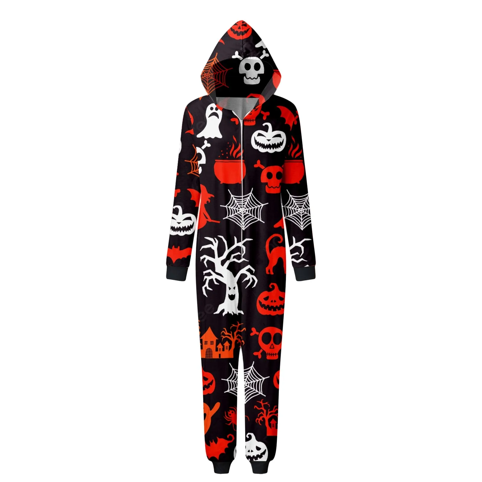 New Halloween Family Clothing Parent-Child Matching Pajamas Skull Head Print Cosplay Jumpsuit Zipper Hooded Party Look Costumes