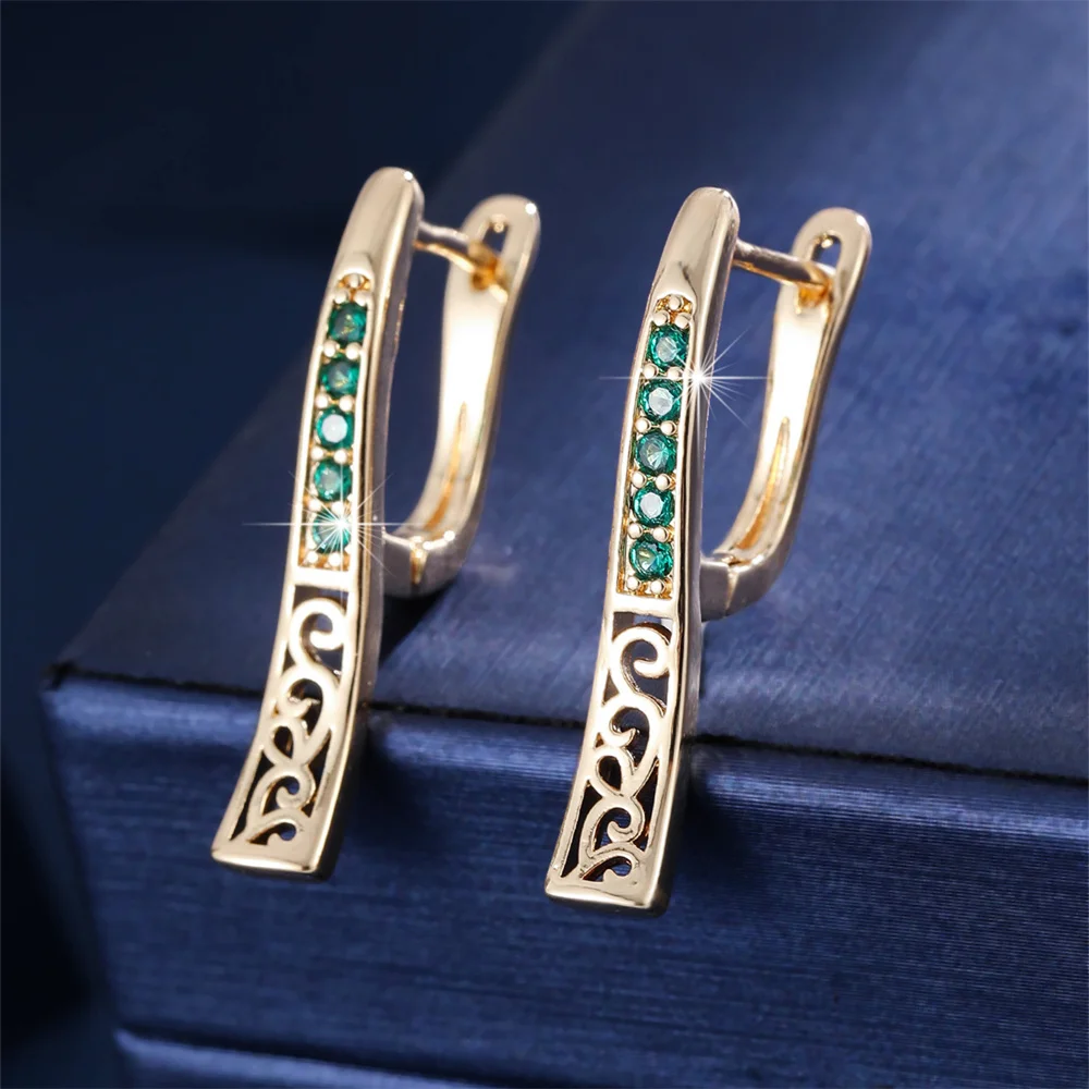 Geometric Hollow Metal Flower Green Zircon Hoop Earrings For Women Gold Silver Color Ear Buckle Wedding Jewelry Mothers Day Gift