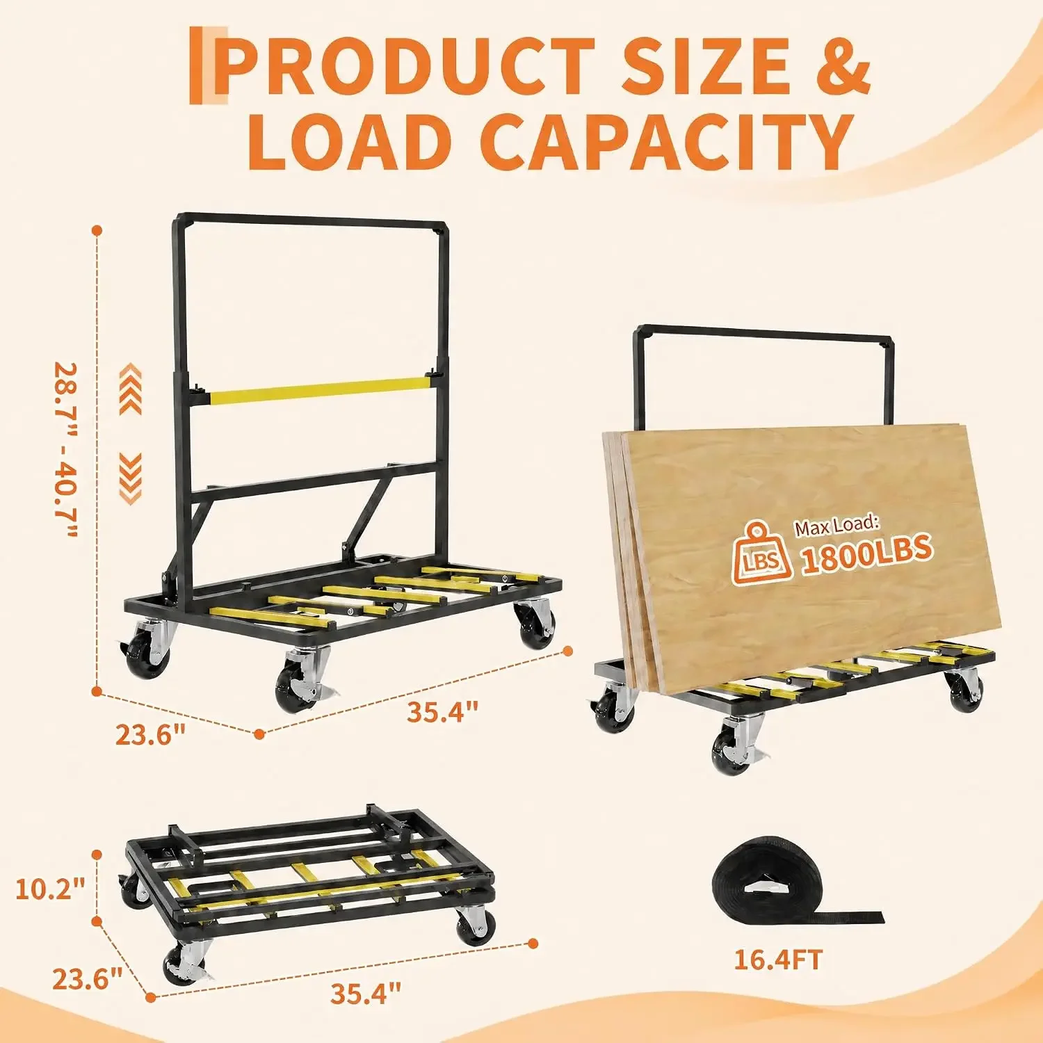 Heavy Duty Folding Drywall Cart Dolly 1800 LBS Capacity W/Swivel Casters Steel Plywood Cart with Adjustable Frame for Sheetrock, Glass, Door, Hotel, Warehouse, Events, Includes 1 Strap
