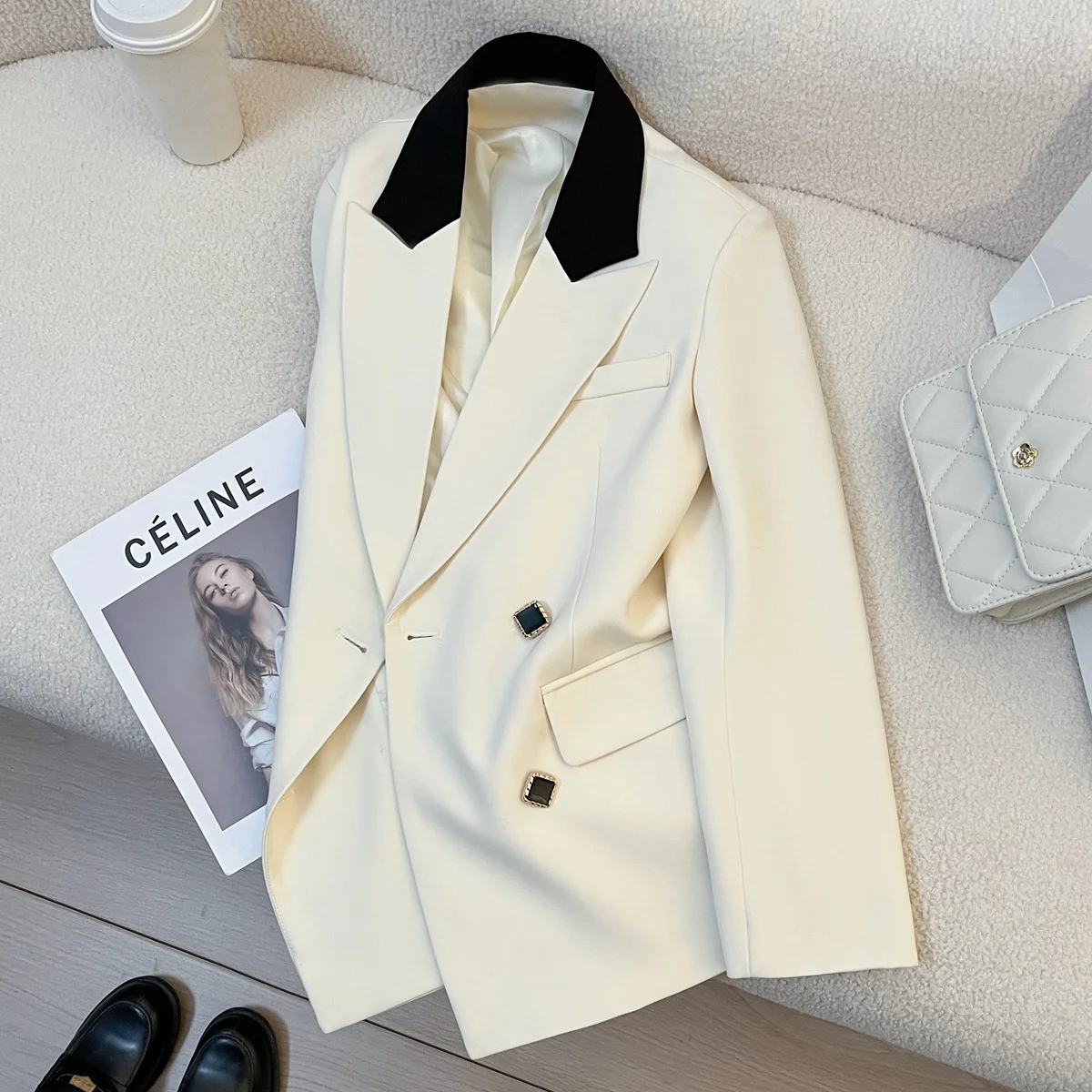 

Ele Casual Women's Suit Jaet Spring New Sle High-End Streetwear Small Western Suit Loose Fit Long Sve Midi Length