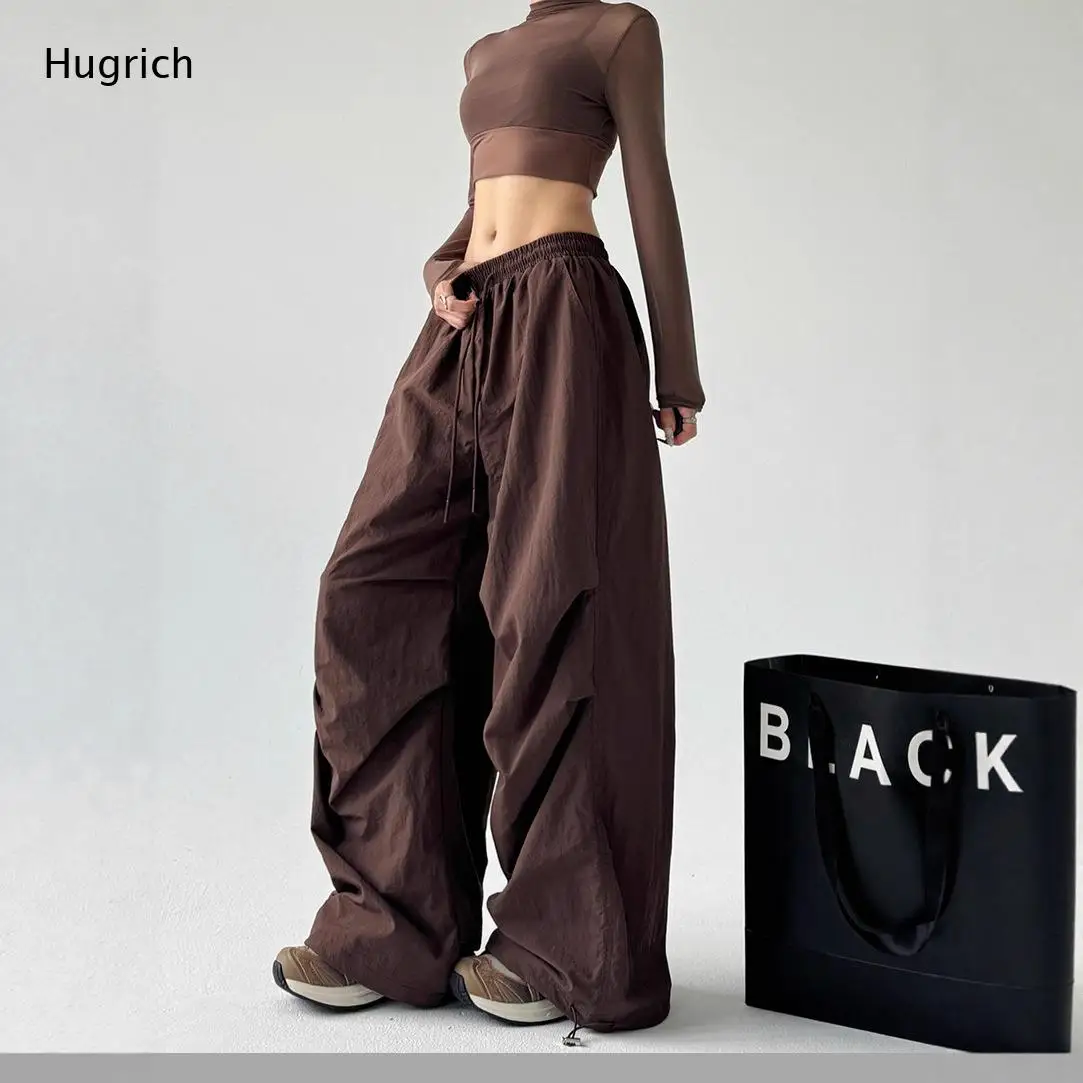 Elastic Drawstring Waist Ruched Parachute Pants Adjustable Toggle Ankle Cuff Loose Wide Leg Casual Cargo Trouser