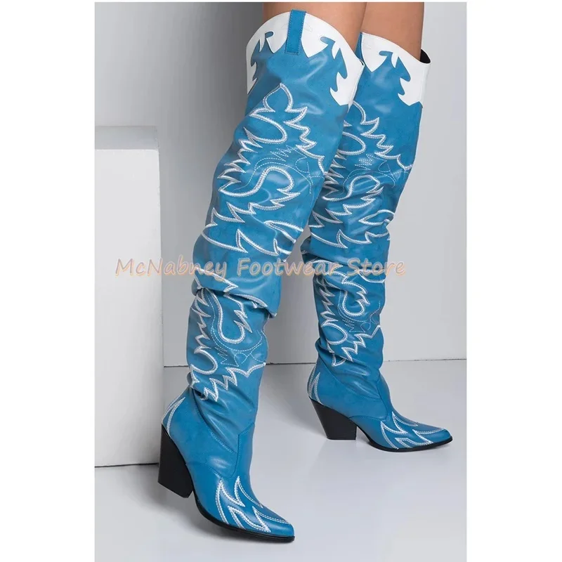 Winter Embroidery Style Retro Western Cowboy Pointed-Toe Boots Small Pointed Head Square-Heeled Over-The-Knee Boots Luxury Style