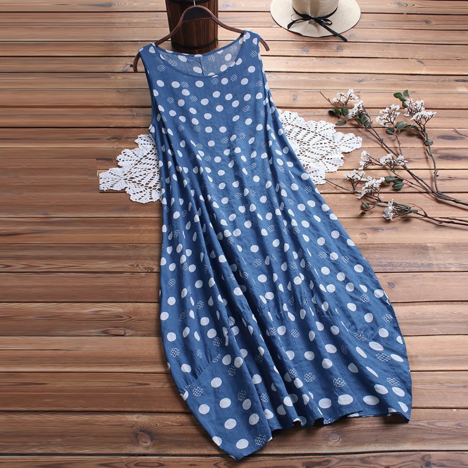 New 2023 Sleeveless Oversized Polka Dot Korean Fashion Elegant Vintage Chic Lady Women's Summer Long Dresses