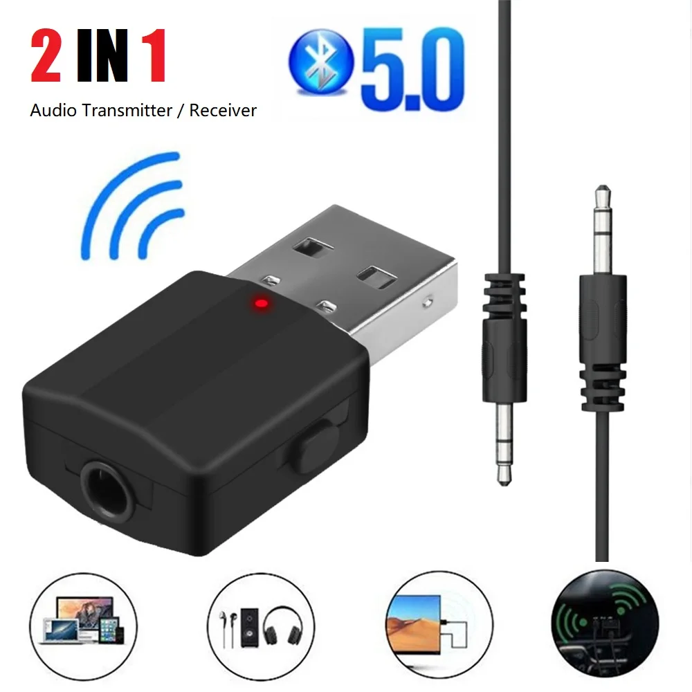 USB Bluetooth-Compatible 5.0 Receiver Transmitter 3.5mm Car Audio Adapter TV Computer Wireless 2-in-1 Converter Plug and Play