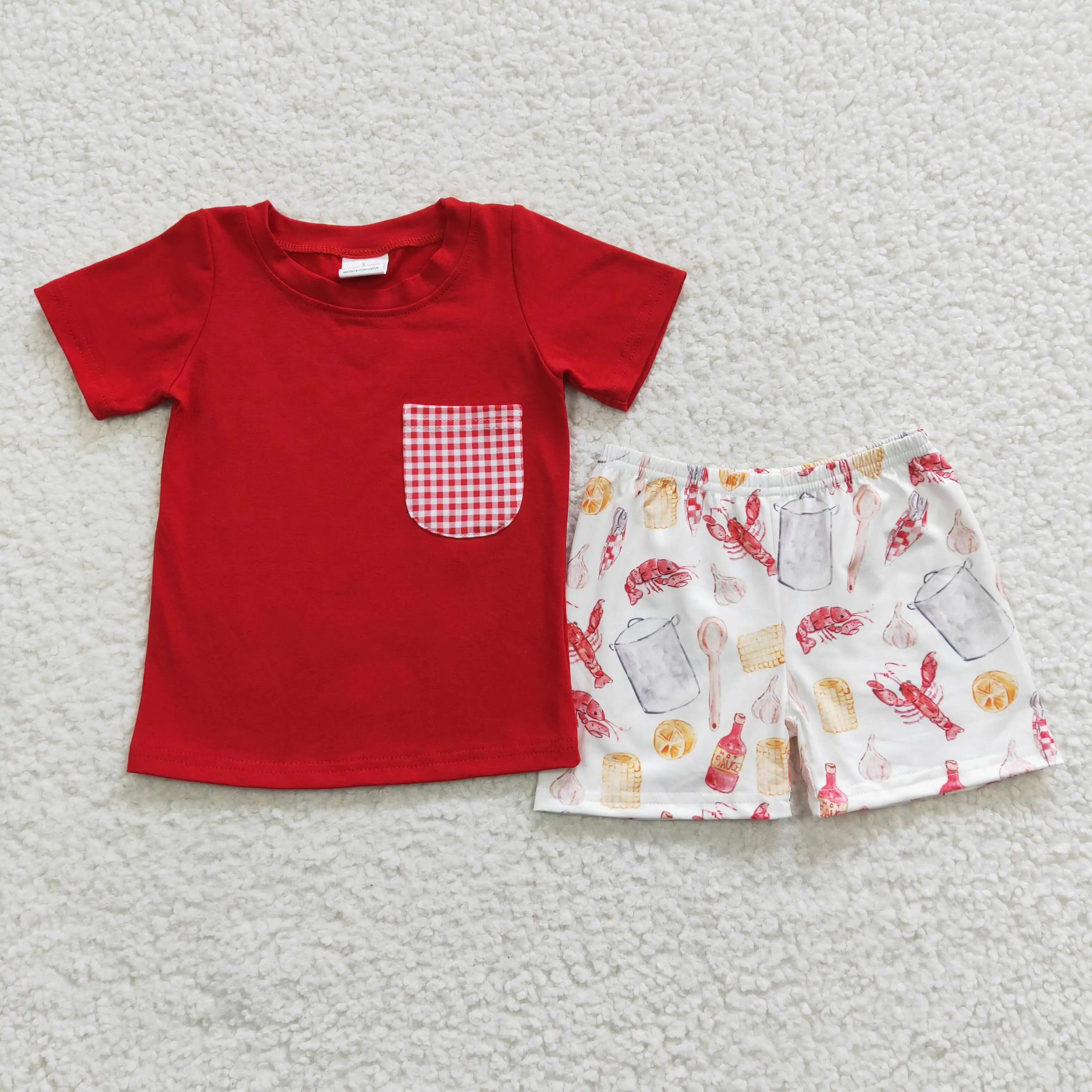 

2​023 New Stylish RTS Baby Crawfish Clothing Summer Kids Boutique Shorts Outfit Toddler Boys Red Sets