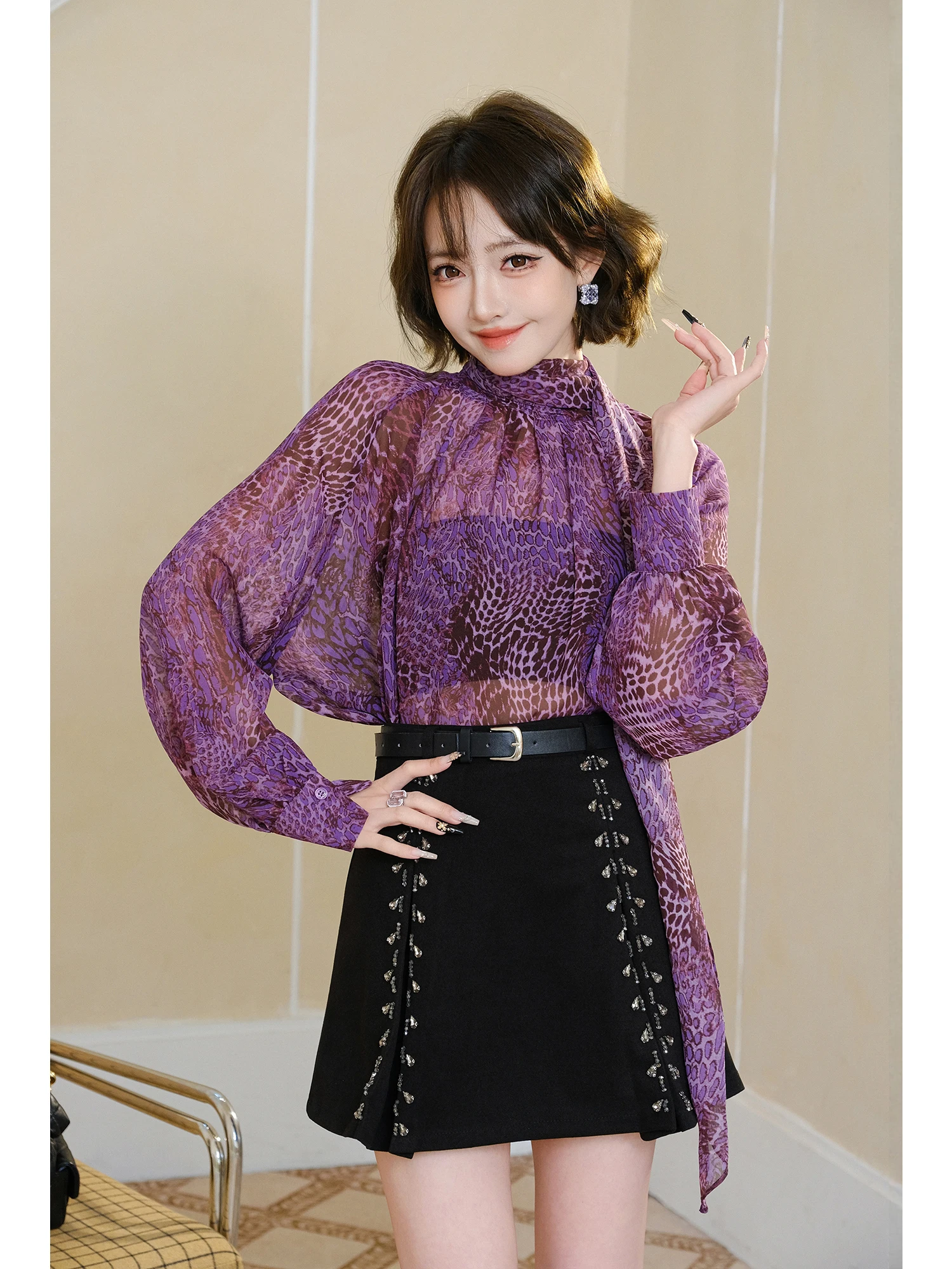 

MIUCO Silk irt Ele Court Sle Floating Collar Purple Pattern Loose Semi-Transparent Women's Spring irt