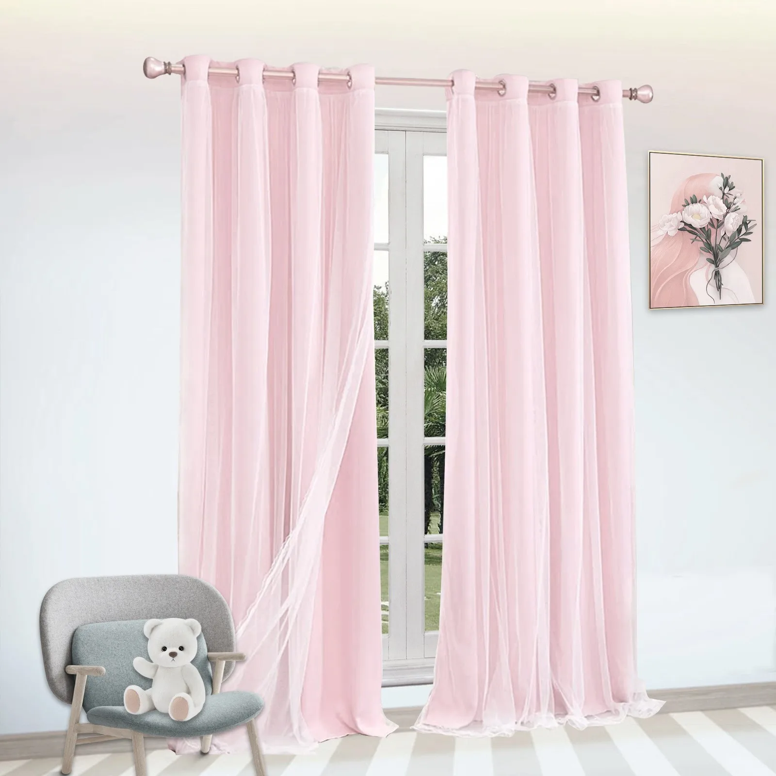 1 Stück Winter-Spitze-Doppelschicht-Trendvorhänge, Verdunkelungsvorhänge, geeignet für Schlafzimmer, Balkon, Mietzimmer