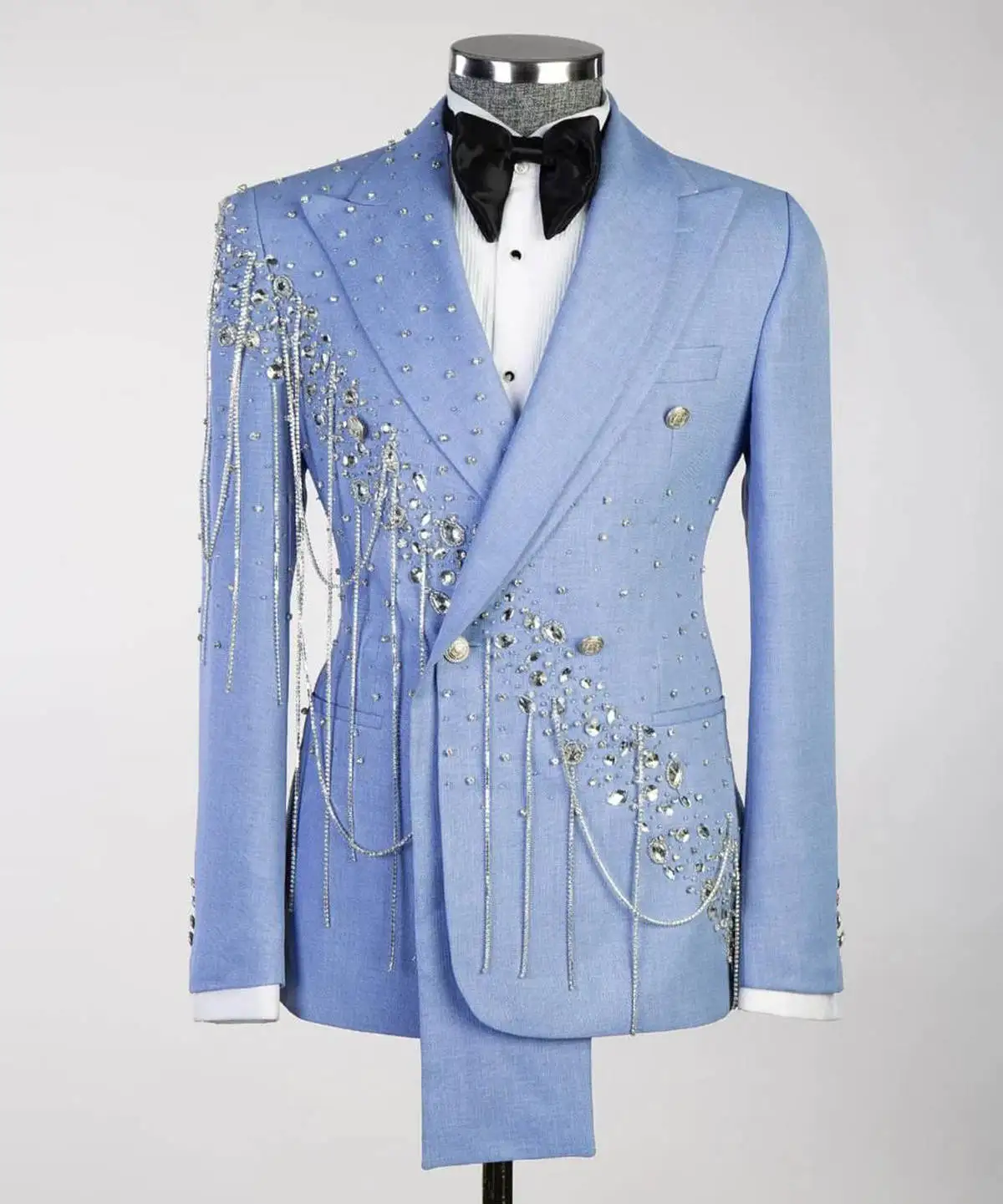 Blue Beading Men Suits Set Wedding Tuxedos 2 Pieces Double Breasted Blazer Pants Custom Made Male Birthday Party Coat Jacket