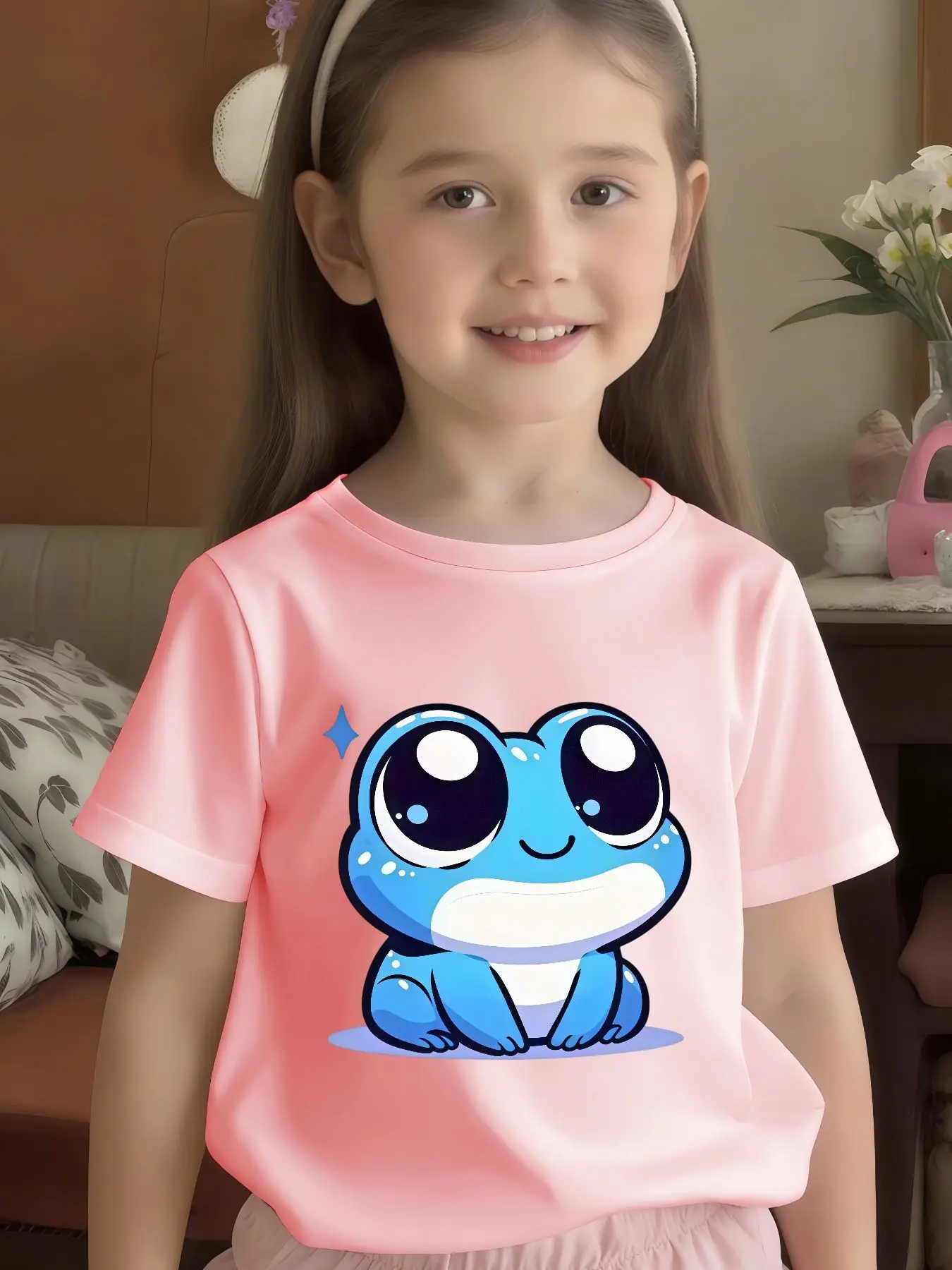 Cute Big Eyed Blue Frog Sparkle Print Graphic Kids Tee Boys Girls Family Matching Cotton Crew Neck Short Sleeve Soft Summer Tee