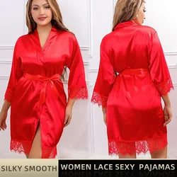 Women Ice Silk Pajamas Robes Sleepwear Nightgowns Nightdress Red Black L XL Lace Smooth Soft Comfortable Casual Pure Color