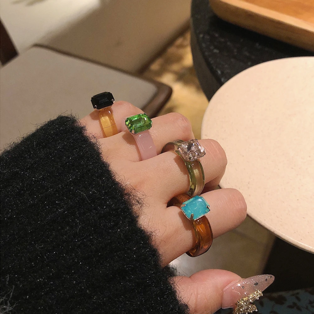 New Transparent Resin Acrylic Rhinestone Colourful Geometric Square Round Rings for Women Jewelry Party Gifts