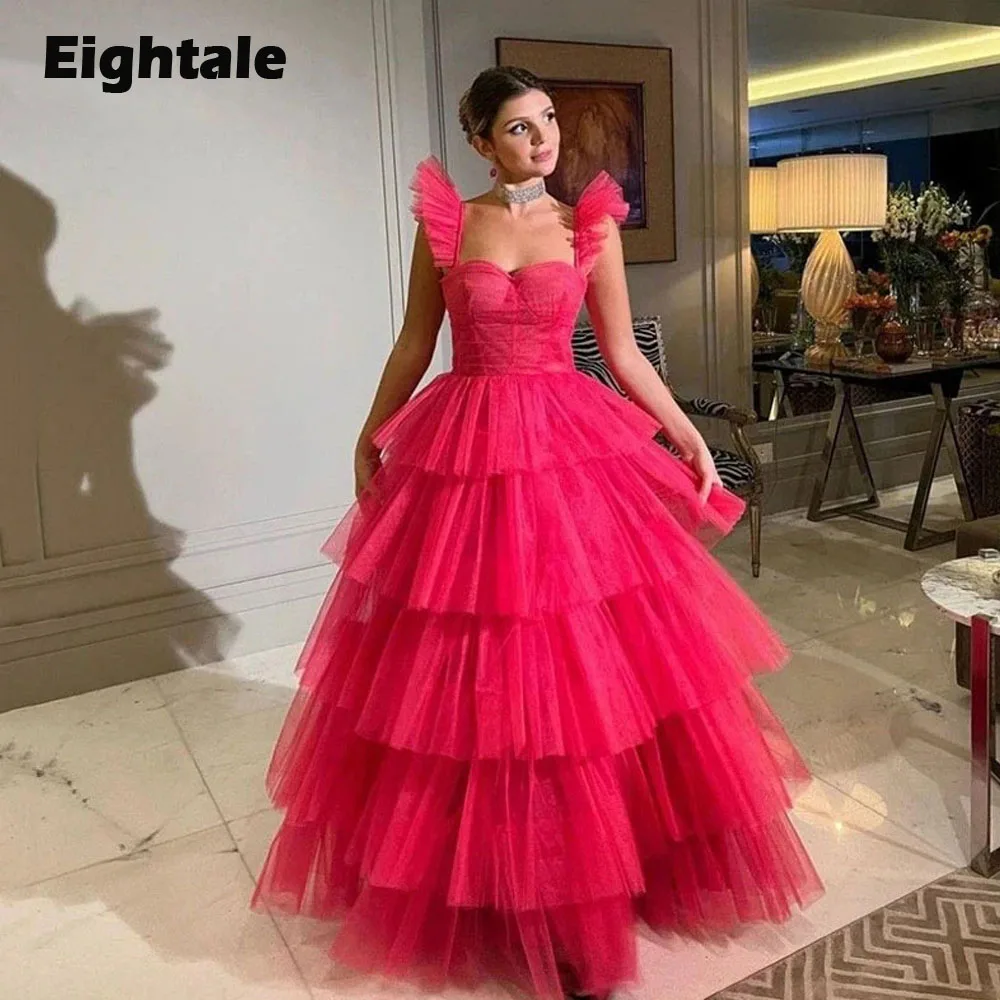 

Eightale Fushcia Women Evening Dress Tiered Tulle A Line Prom Gown Wedding Party Dresses Graduation Robes De Soirée