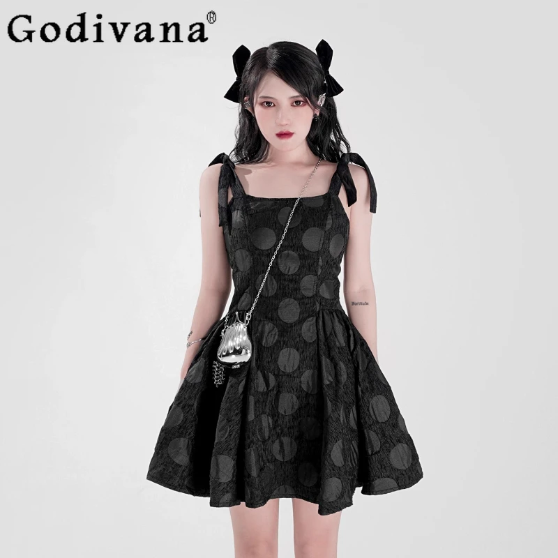 

Elegant Black Personality Slash Neck Big Swing High Waist Dress Girl Summer Sweet Bow High Waist Age Reduction Japanese Dresses