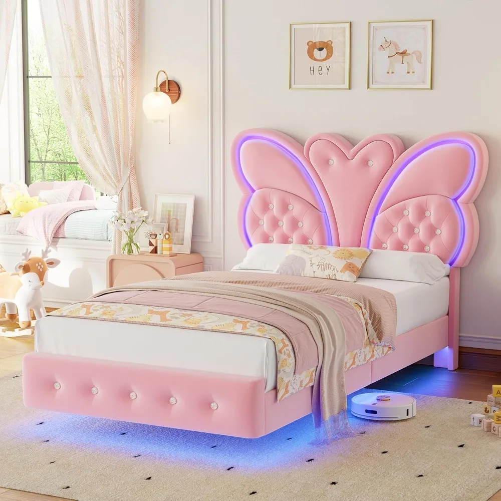 Keyluv Twin Bed Frame Butterfly-Pattern Upholstered Headboard, Modern Floating Bed with LED Lights Button Tufted on Headboard an