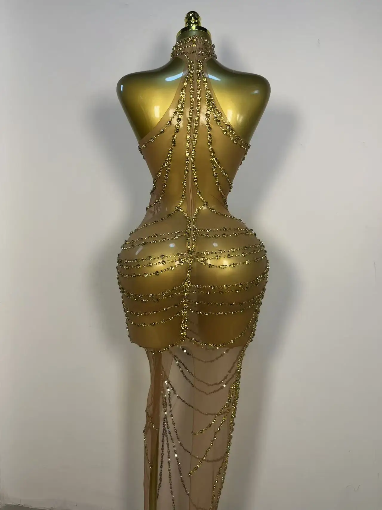 

Women Birthday Party Gown Stage Singer Performance Costume Luxury Sparkly Gold Rhinestone Sexy Transparent Mesh Long Dress
