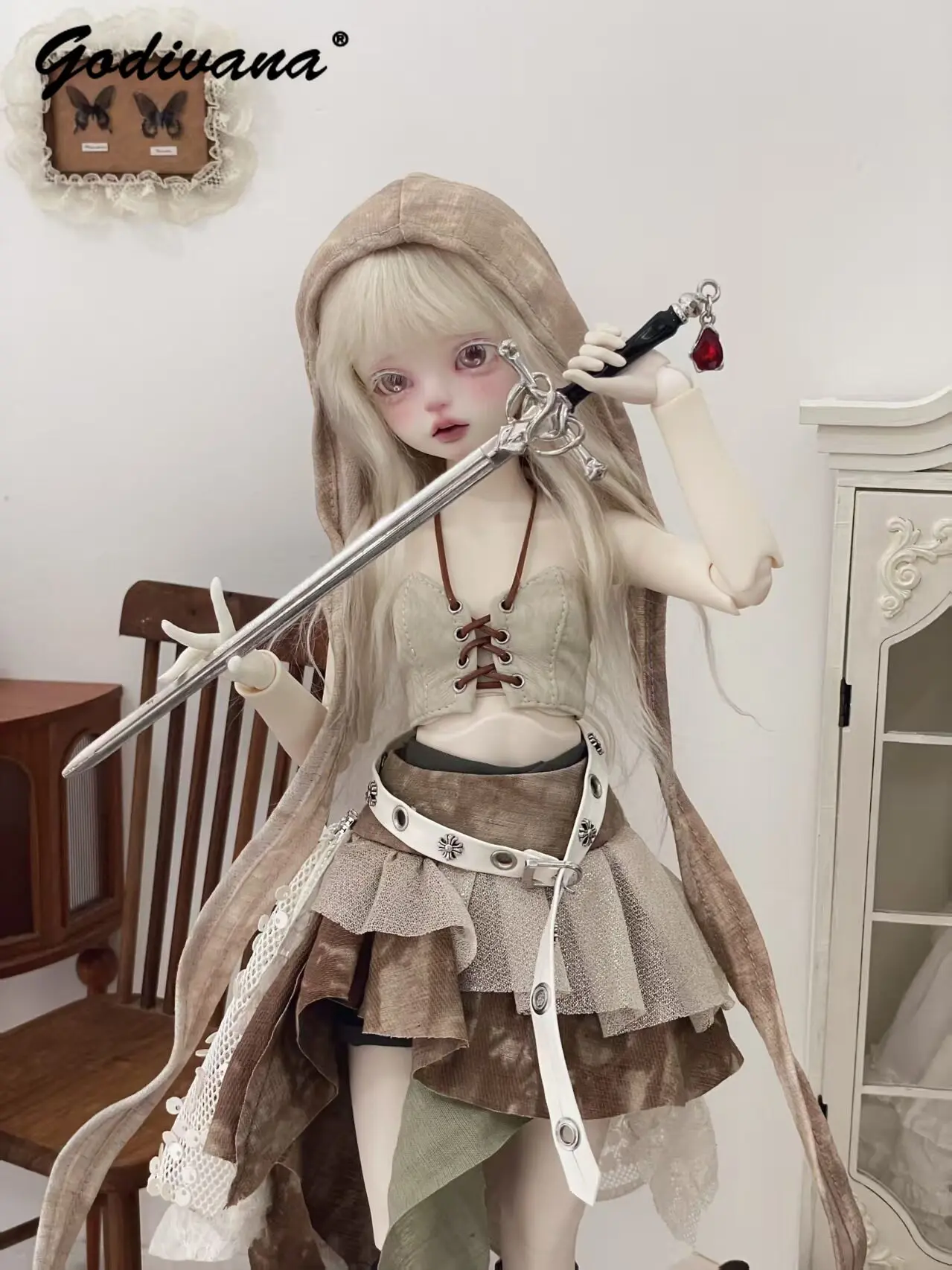 1/4 Wasteland BJD Doll Clothes Dirty Dye Sleeveless Tube Top Irregular Layered Skirt Belt Sleeve Cuffs for 1/4 BJD Doll Clothes
