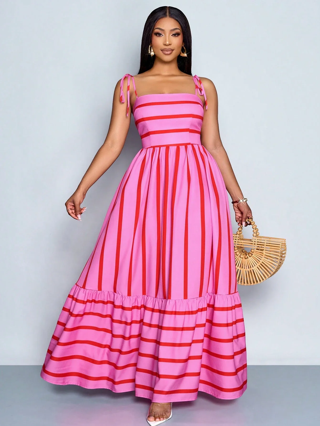 

Женское полосатое платье макси с регулируемыми бретелями, повседневное пляжное платье для отпуска