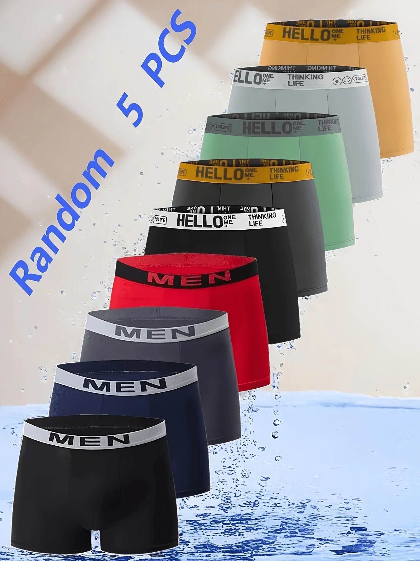 Men's 5PCS Random Striped Flat Corner Underwear "HELLO" and "MEN" Waistband Soft Breathable Casual and Comfortable Underwear