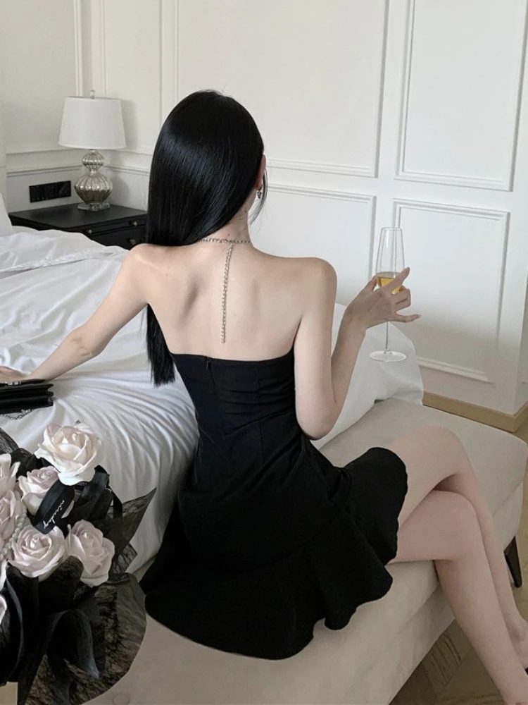 Halter Mini Dress Women Backless Sexy Clubwear Ruffles Slim Aesthetic Trendy Designed Summer French Style Off-shoulder Vestidos