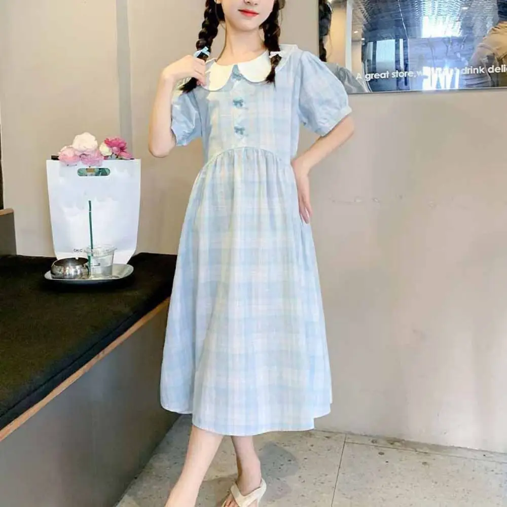 

Fashion Loose Girls Plaid Dress Teenagers Sweet Summer Kids Dresses Beach Vacation Party Children Princess Dress Students