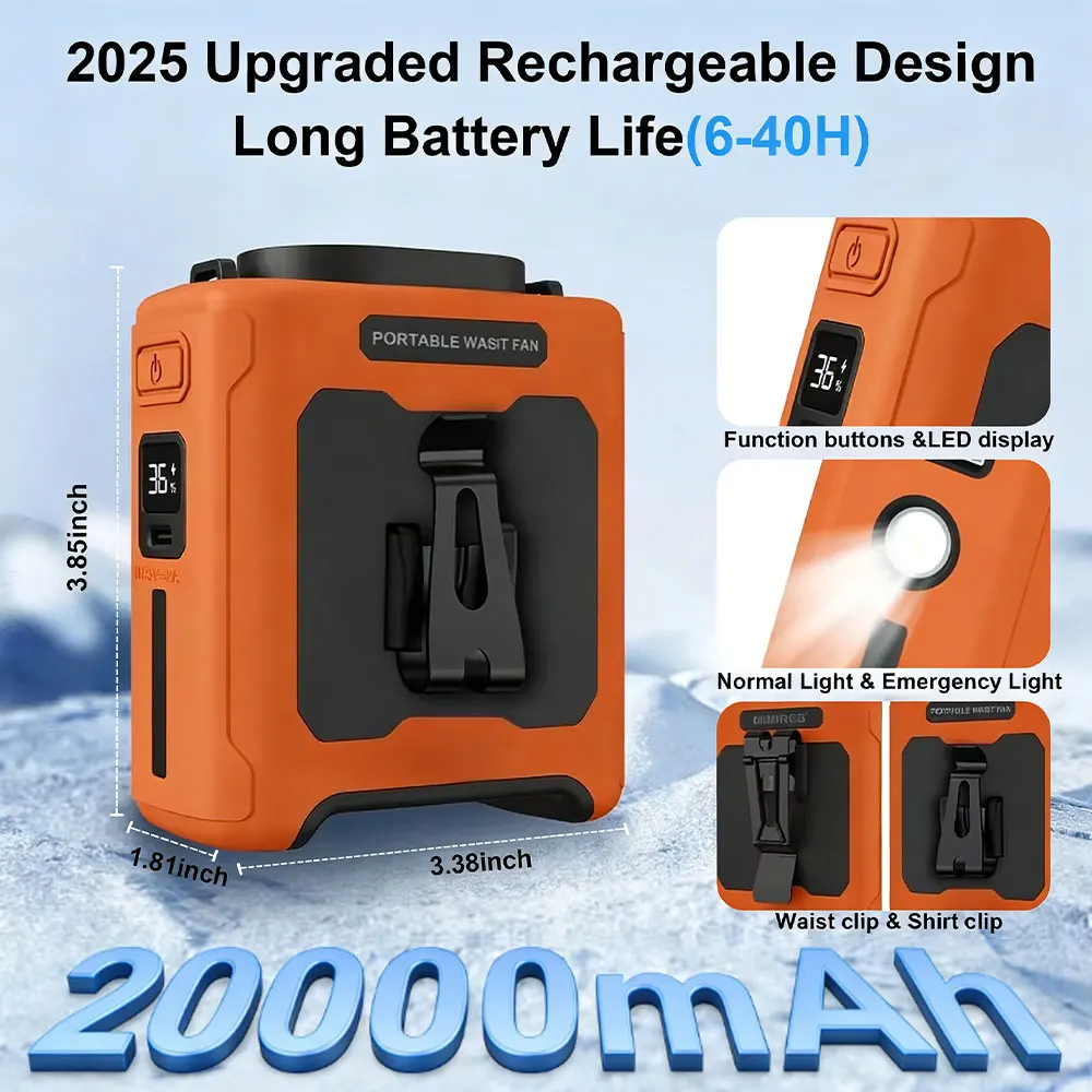 20000mAh Tragbarer Taillenventilator Kühlender Kleiner Outdoor-Camping-Taillenventilator für Outdoor-Arbeitsplätze und Reisen Geeignet