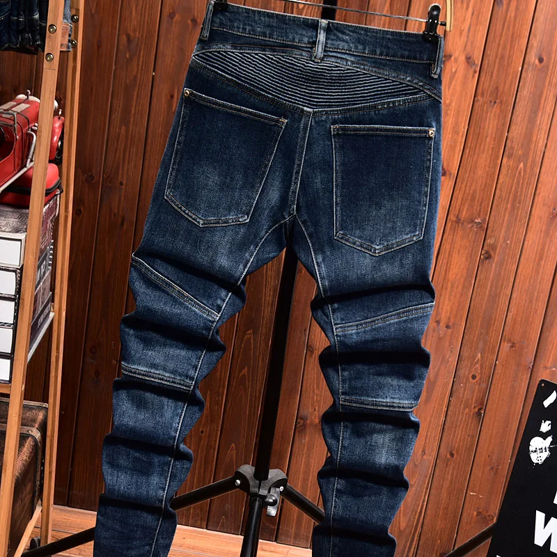 New style jeans with men zipper decoration motorcycle slim fit straight tube trendy high-end elastic casual biker denim pants